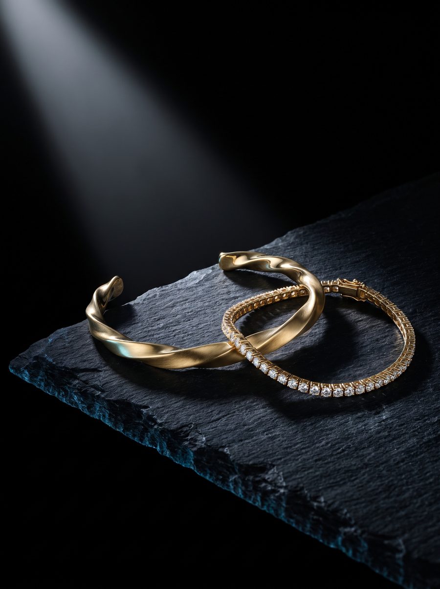 Gold bracelets on a black stone slab