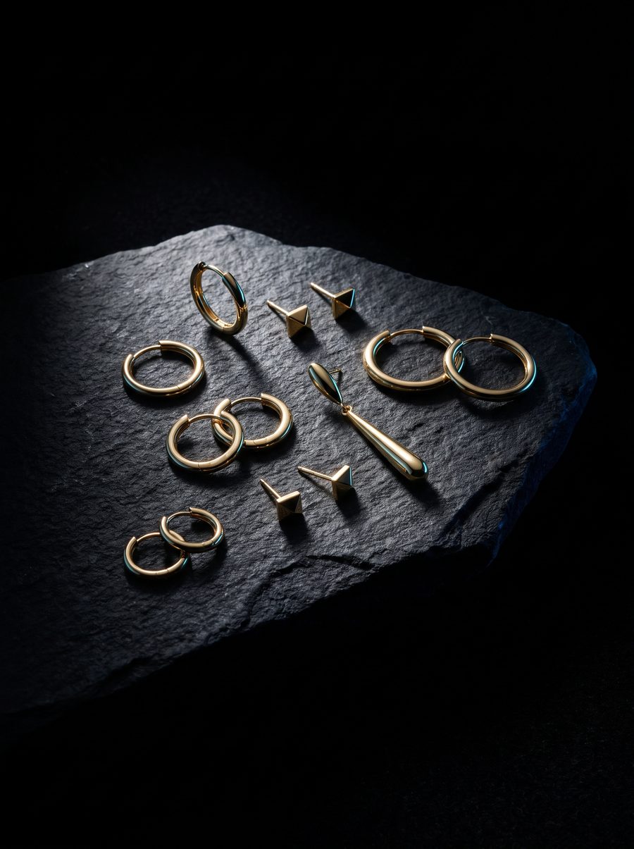 Gold earrings on a black stone slab