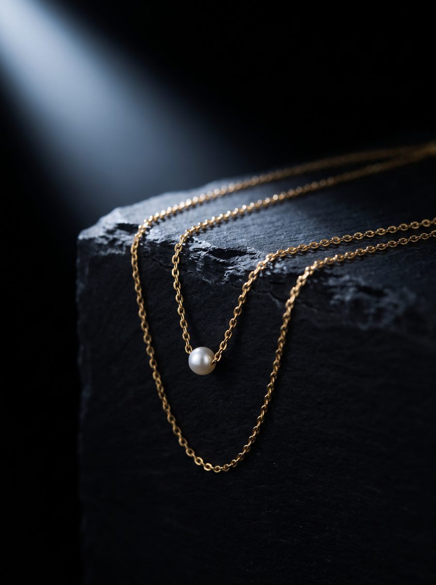Gold chain necklaces over a black stone block