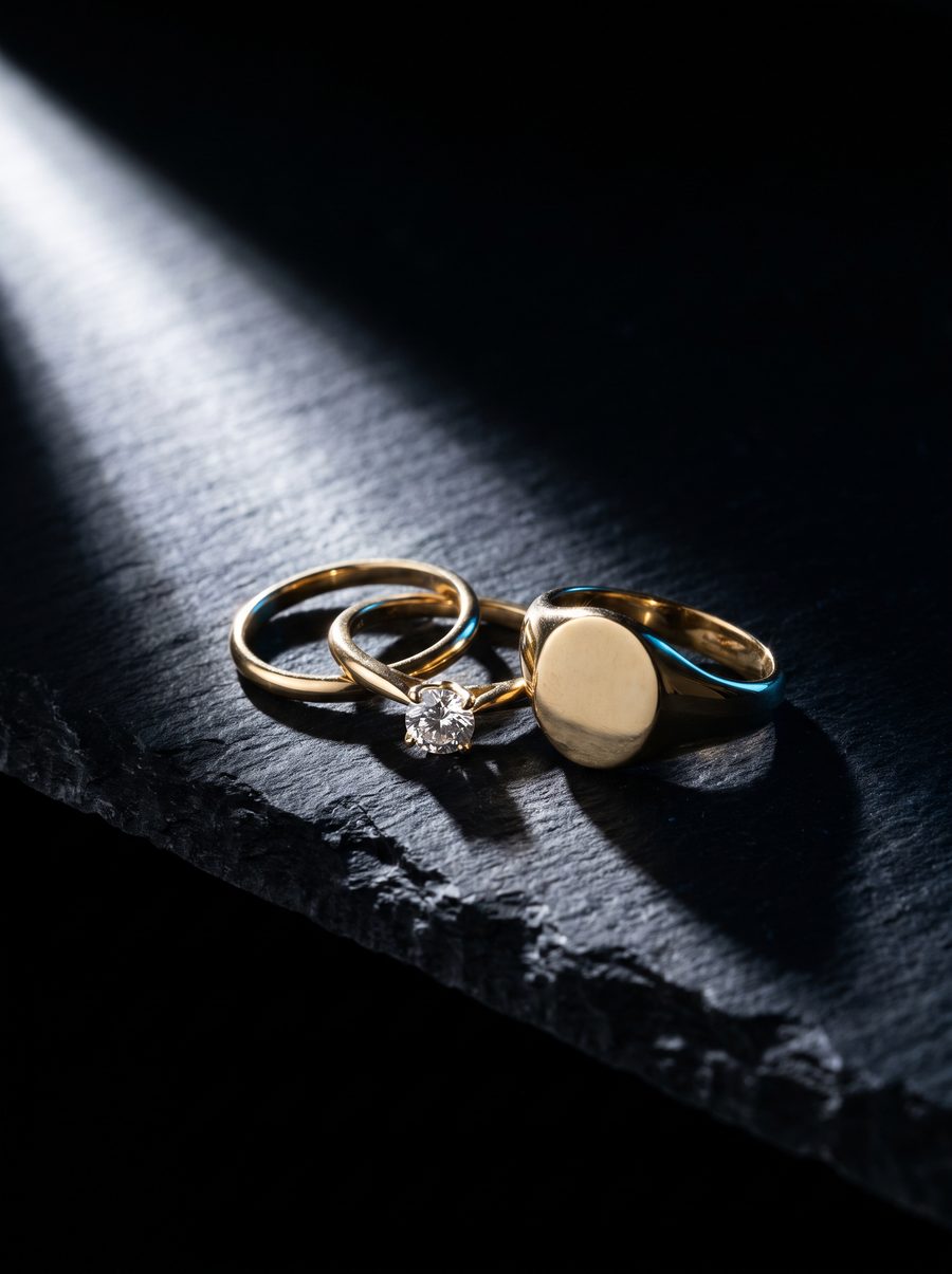Gold rings on a black stone slab