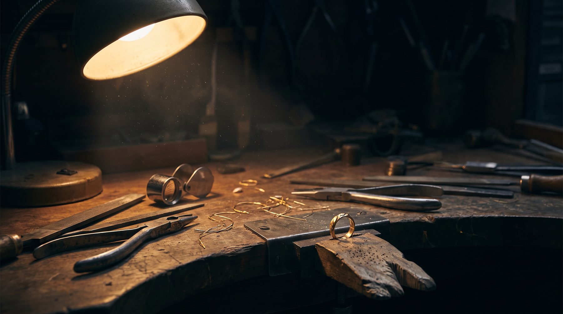 A jeweller's workbench lit by a single warm lamp